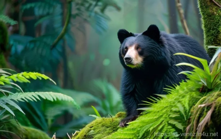 베네수엘라에서 볼 수 있는 희귀 동물 - **Prompt:** A majestic Spectacled Bear (Oso Frontino) with its distinctive light-colored markings ar...