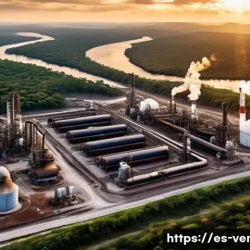 베네수엘라 원유 산업 현황 - A detailed aerial view of Venezuela's aging oil refinery complex at sunset, showing rusted pipelines...