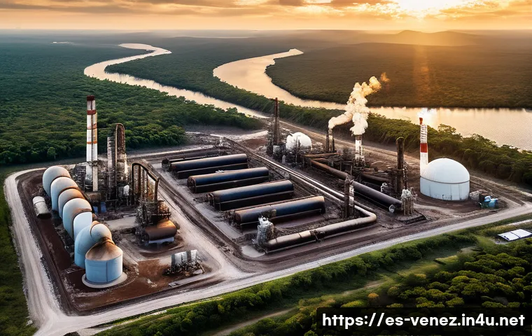 베네수엘라 원유 산업 현황 - A detailed aerial view of Venezuela's aging oil refinery complex at sunset, showing rusted pipelines...