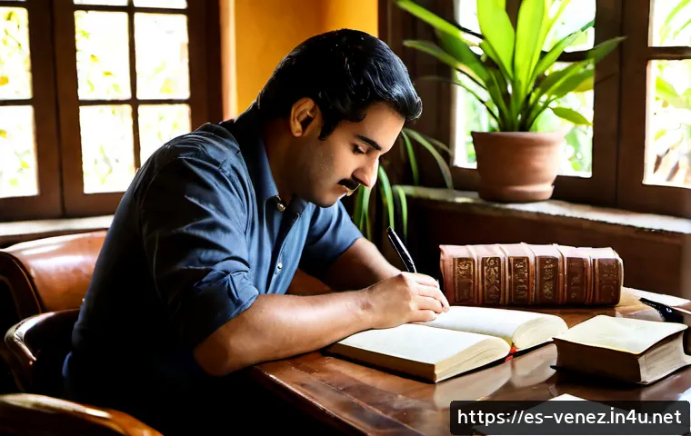베네수엘라 문학과 유명 작가 - Photorealistic editorial scene of a Venezuelan novelist working at a wooden desk in a sunlit colonia...